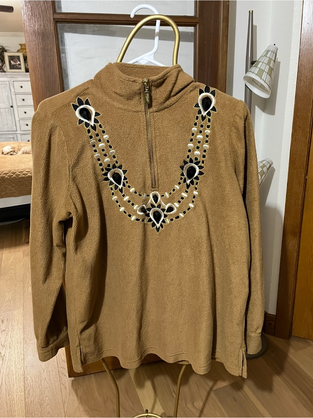 Bob Mackie Camel Brown Embellished Half-Zip Pullover